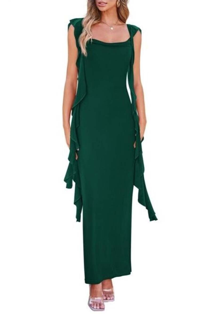 PRETTYGARDEN Women's Ruffle Bodycon Maxi Dress Dark Green